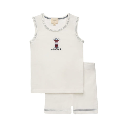 Boys Tank and Shorts – Ivory Blue – Cross Stitch Lighthouse