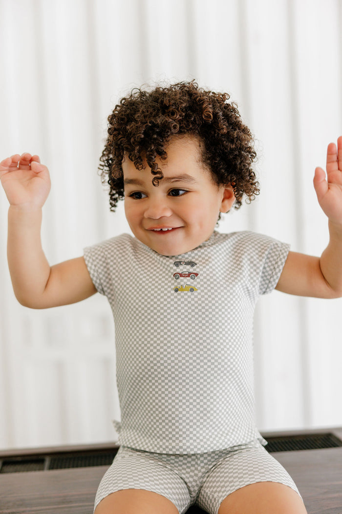 Boys Tee and Shorts – Blue – Checked Race Car