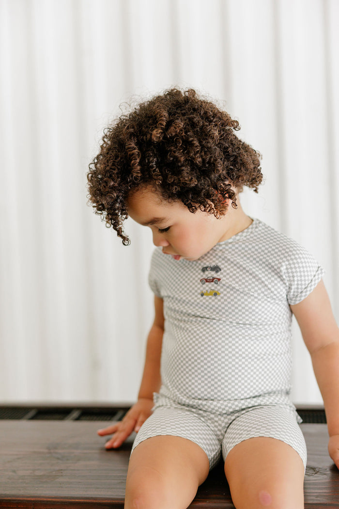 Boys Tee and Shorts – Blue – Checked Race Car