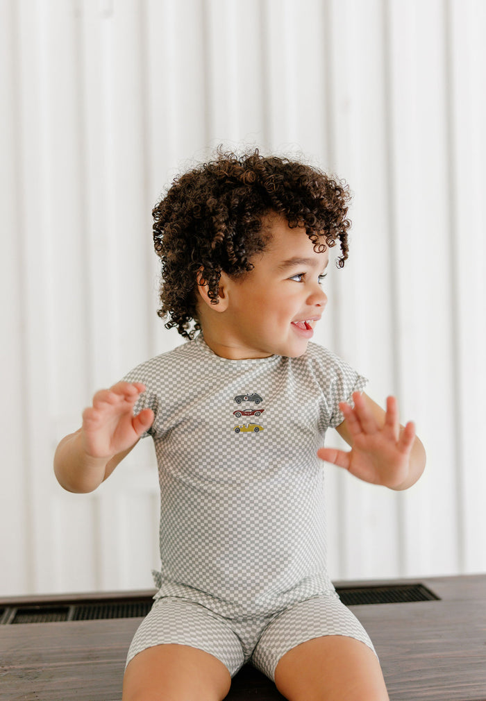 Boys Tee and Shorts – Blue – Checked Race Car