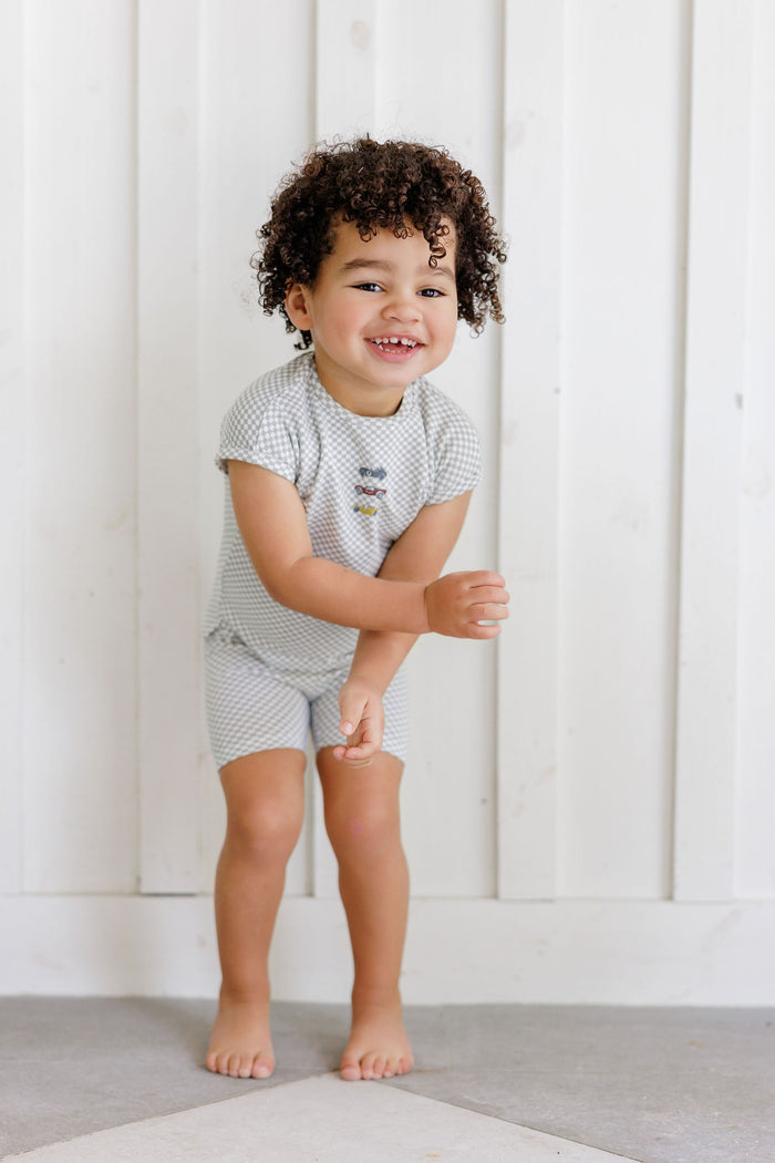Boys Tee and Shorts – Blue – Checked Race Car