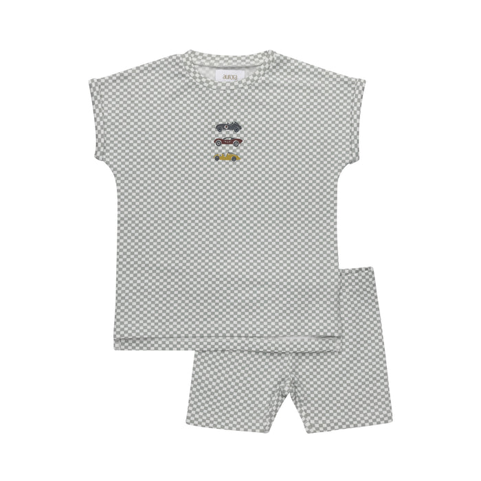 Boys Tee and Shorts – Blue – Checked Race Car