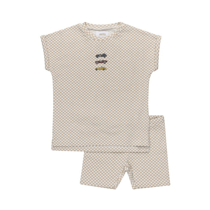 Boys Tee and Shorts – Tan – Checked Race Car