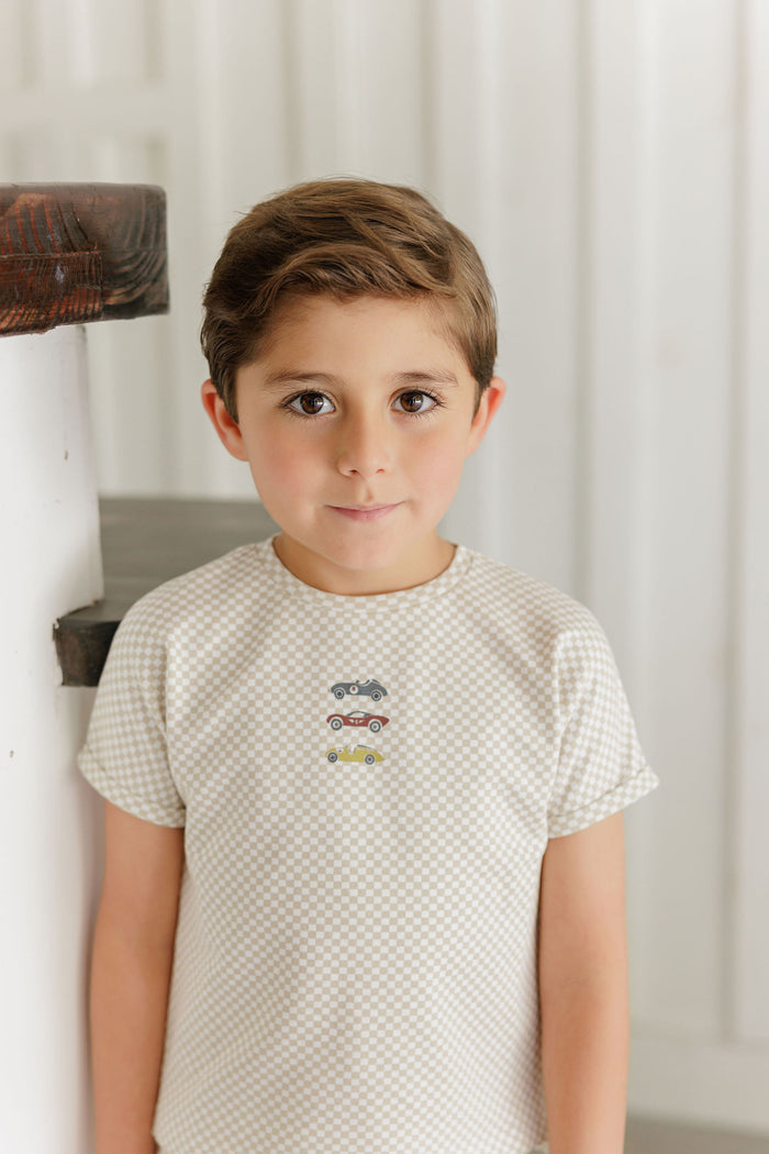 Boys Tee and Shorts – Tan – Checked Race Car