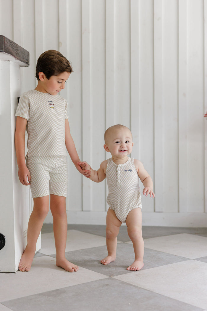 Boys Tee and Shorts – Tan – Checked Race Car