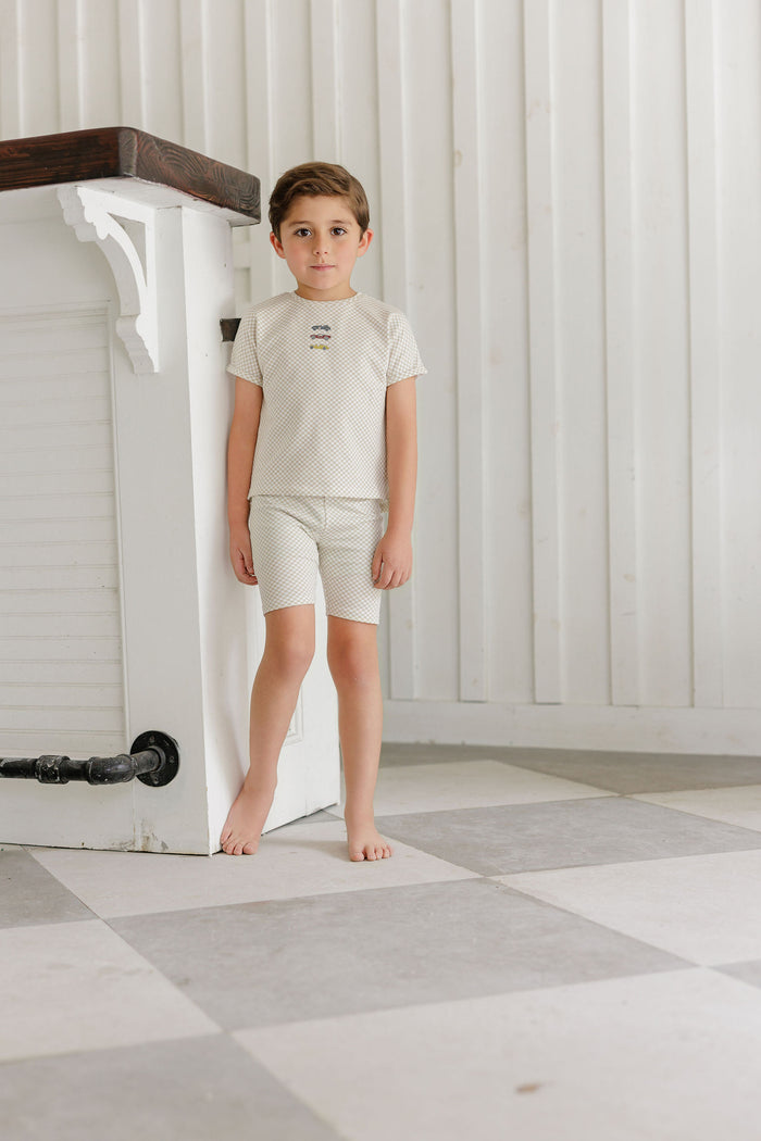 Boys Tee and Shorts – Tan – Checked Race Car