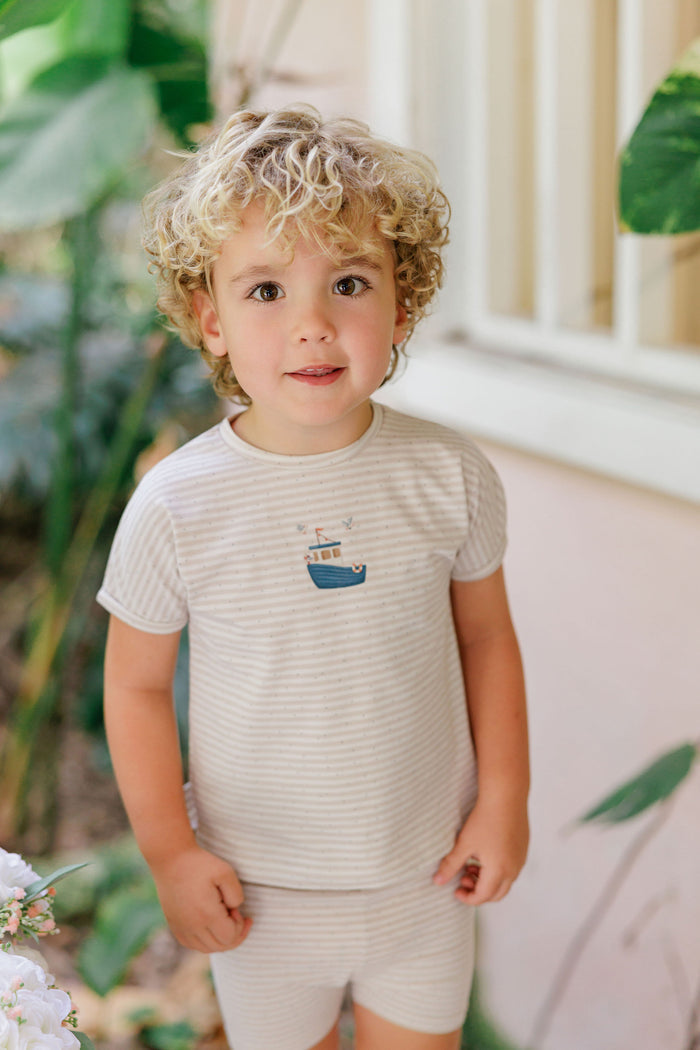 Boys Tshirt and Shorts Set - Tan - Nautical Stripe