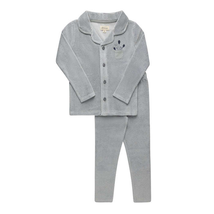 Boys Velour Pajamas – Ivory Blue – Stripe