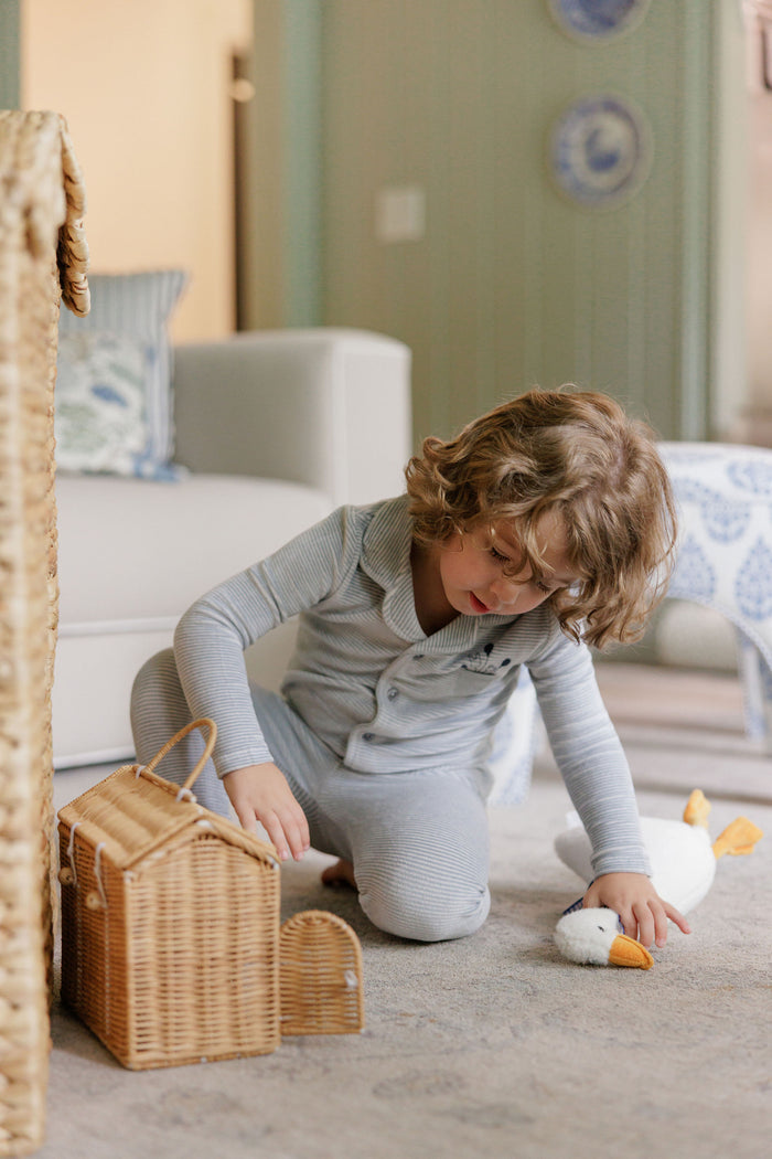 Boys Velour Pajamas – Ivory Blue – Stripe