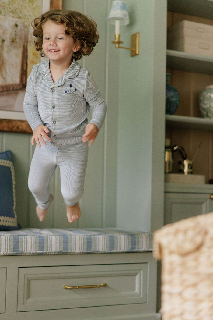 Boys Velour Pajamas – Ivory Blue – Stripe