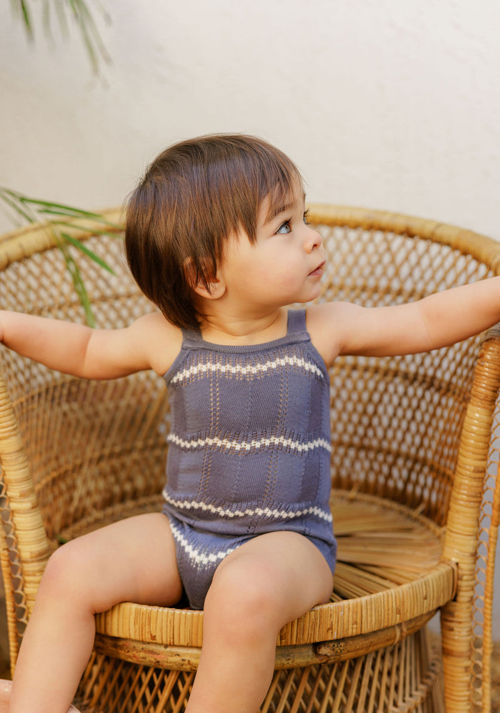 Boys Wave Knit Romper – Blue/Ivory – Holland Collection