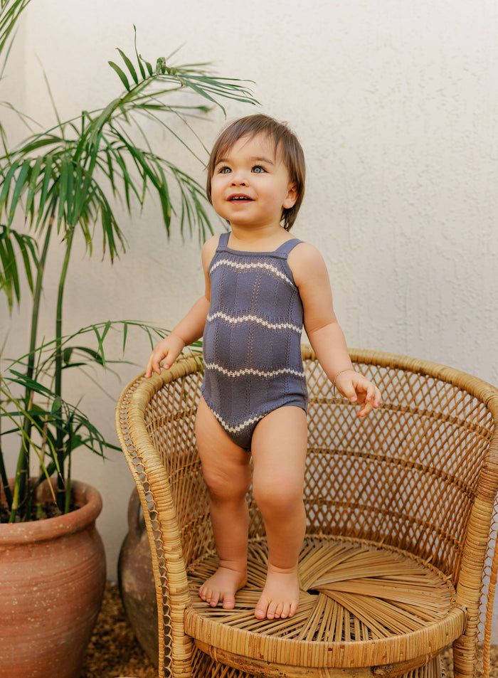 Boys Wave Knit Romper – Blue/Ivory – Holland Collection