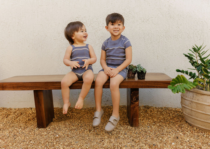 Boys Wave Knit Romper – Blue/Ivory – Holland Collection