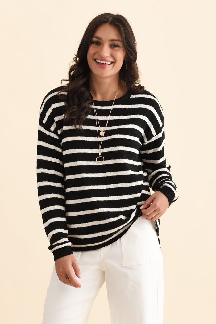Bradford Black Stripe Knit Top,Brunette model,alt text|model:Brontie