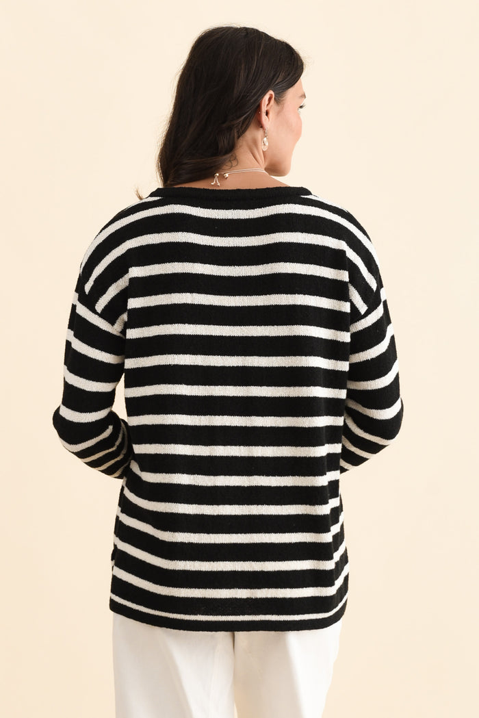 Bradford Black Stripe Knit Top,Brunette model,alt text|model:Brontie
