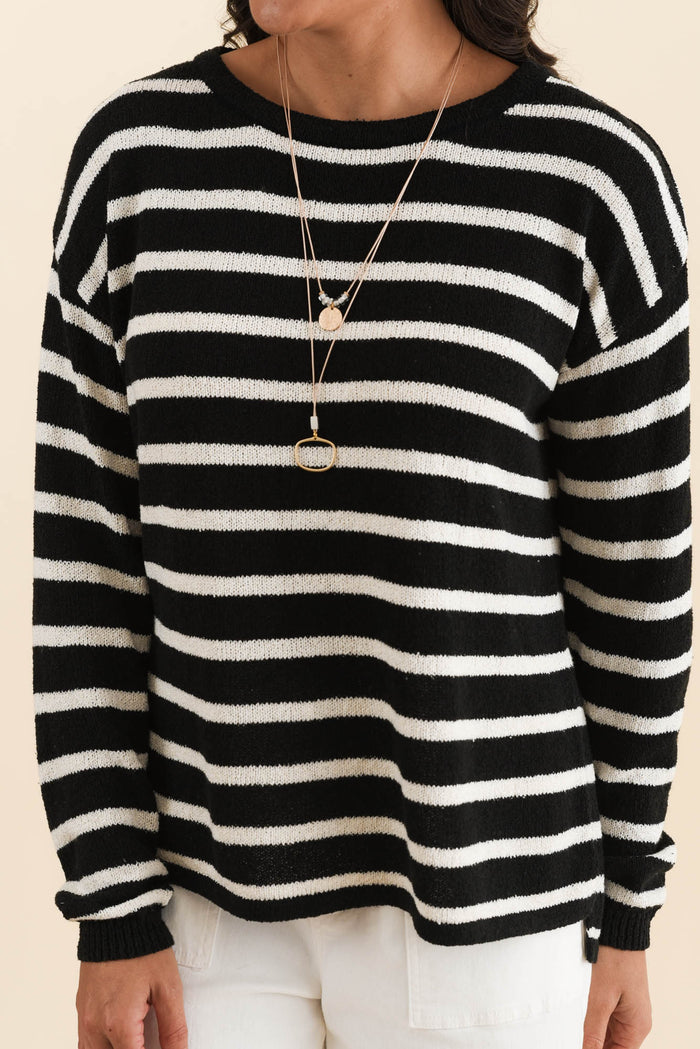 Bradford Black Stripe Knit Top,Brunette model,alt text|model:Brontie