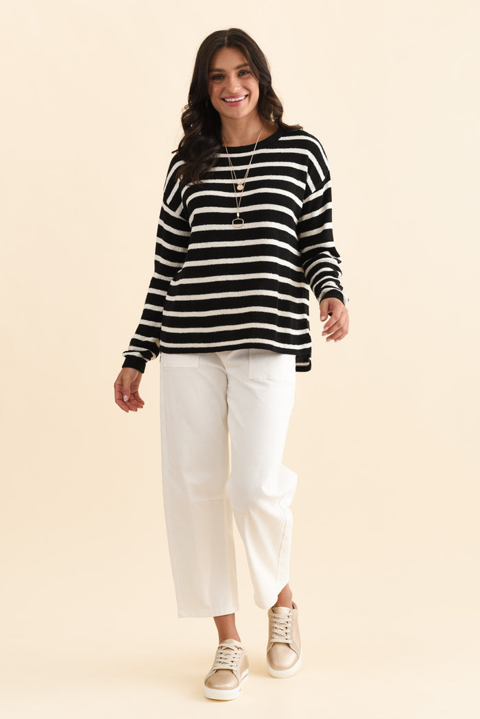 Bradford Black Stripe Knit Top,Brunette model,alt text|model:Brontie