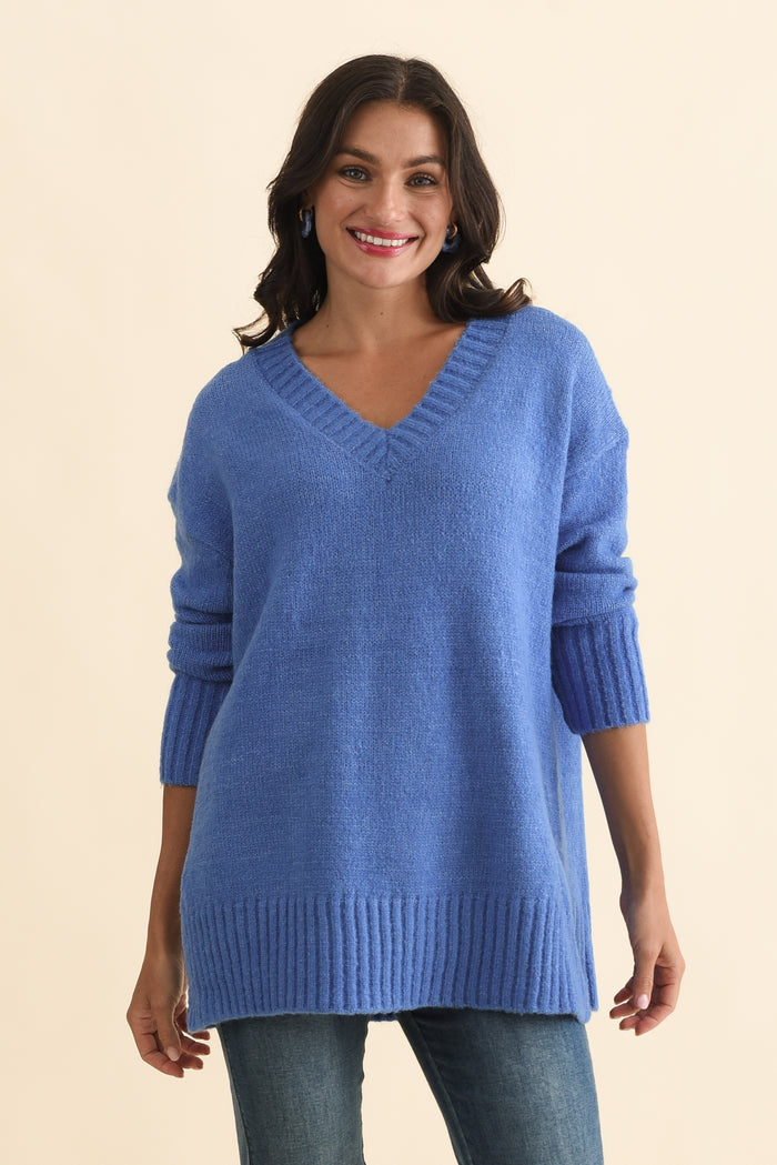 Brilla Blue V Neck Jumper,Brunette model,alt text|model:Brontie