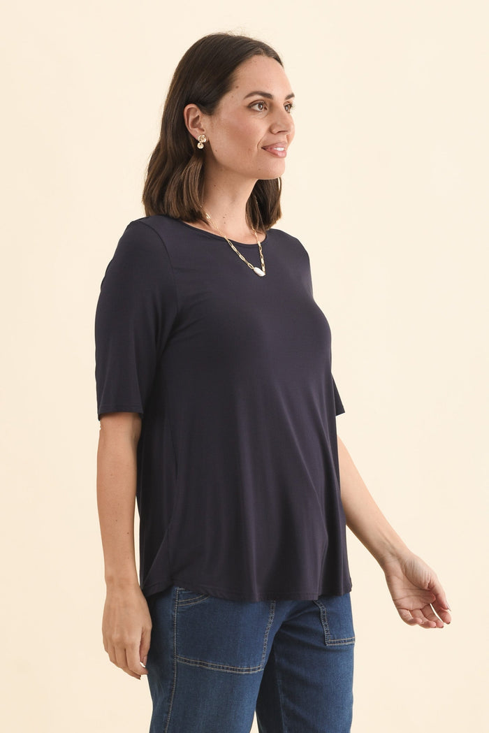 Buttery Navy Half Sleeve Top,Brunette model,alt text|model:MJ