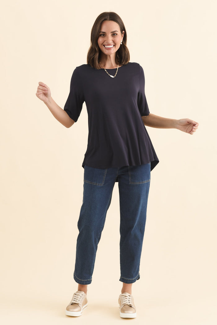 Buttery Navy Half Sleeve Top,Brunette model,alt text|model:MJ