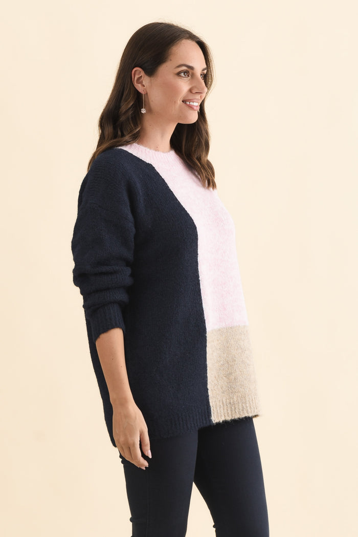 Cadence Pink Splice Knit Jumper,Brunette model,alt text|model:MJ