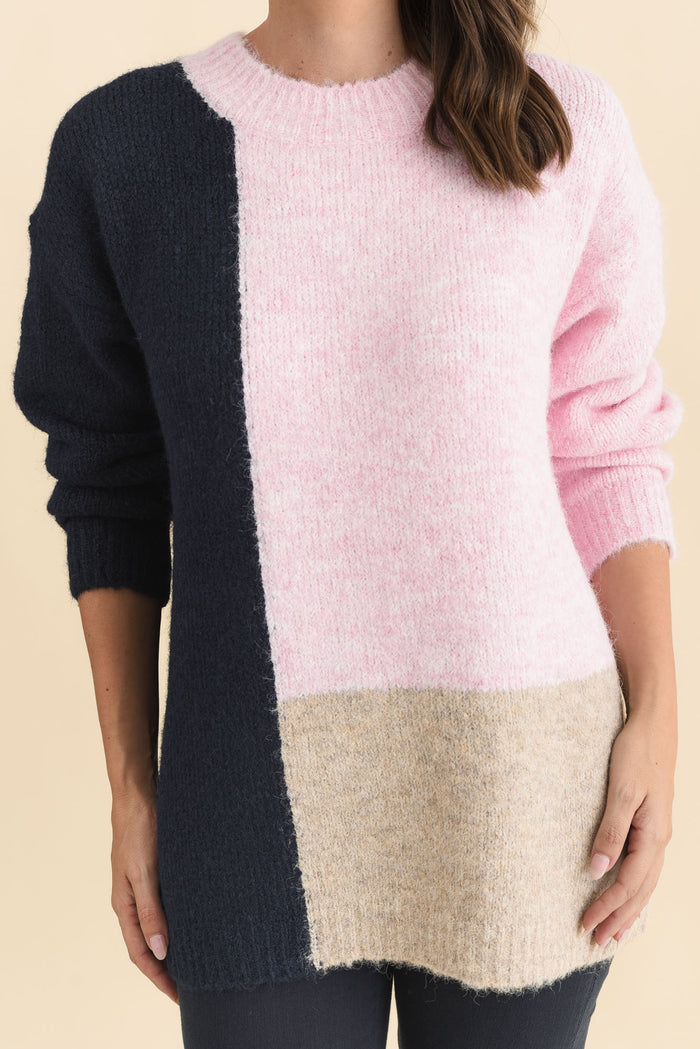 Cadence Pink Splice Knit Jumper,Brunette model,alt text|model:MJ