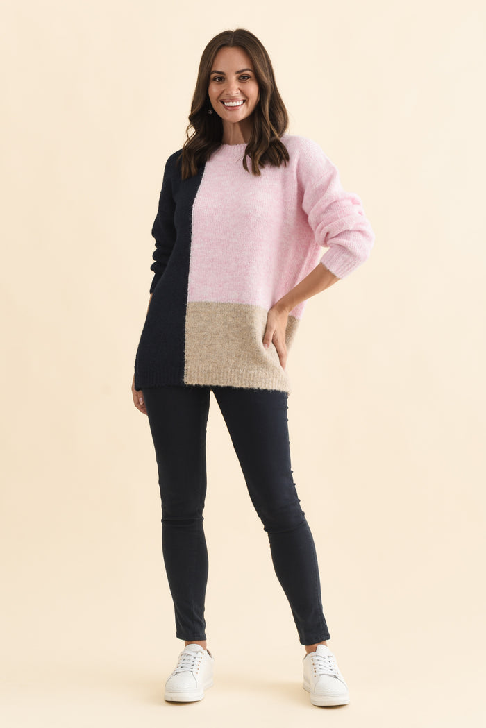 Cadence Pink Splice Knit Jumper,Brunette model,alt text|model:MJ
