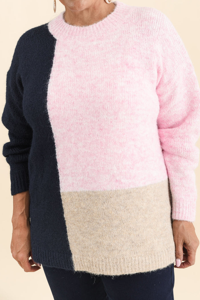 Cadence Pink Splice Knit Jumper,Brunette model,alt text|model:Pilita