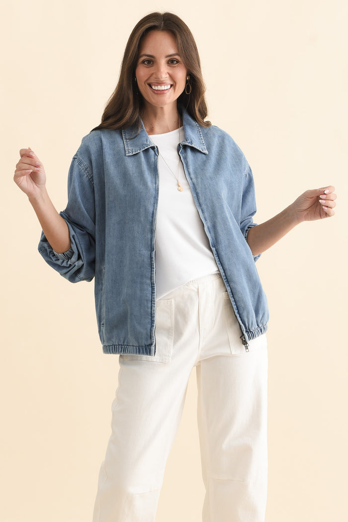 Callie Blue Denim Bomber Jacket,Brunette model,alt text|model:MJ