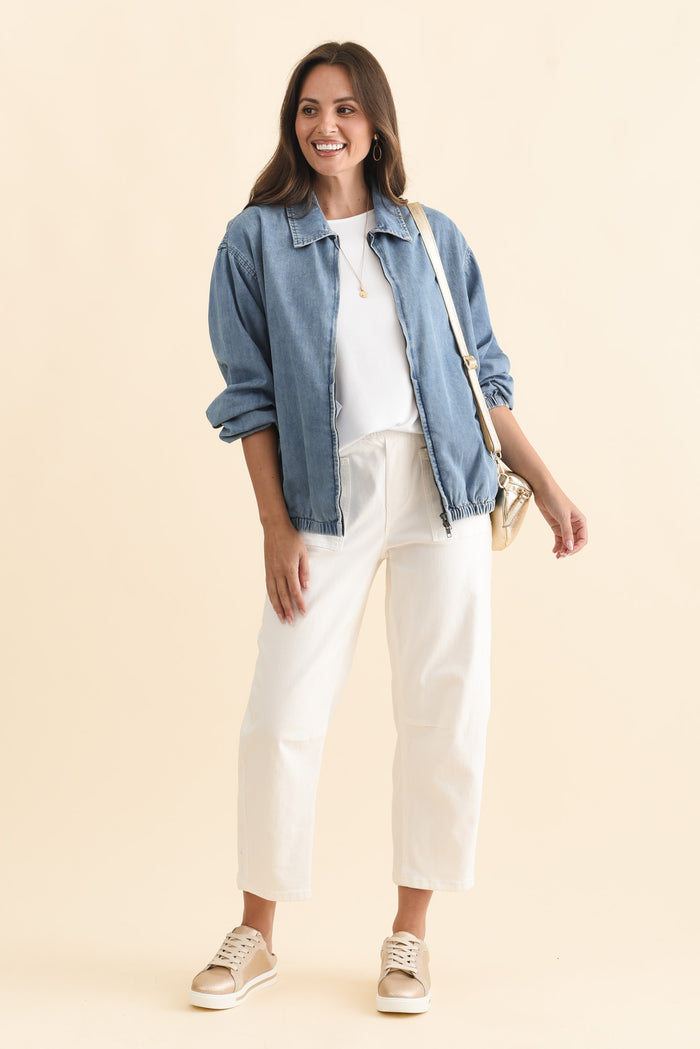 Callie Blue Denim Bomber Jacket,Brunette model,alt text|model:MJ