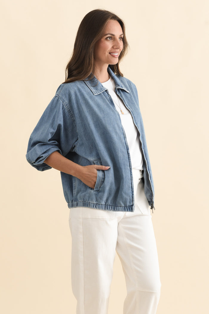 Callie Blue Denim Bomber Jacket,Brunette model,alt text|model:MJ