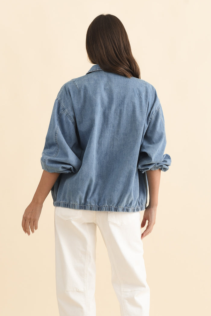 Callie Blue Denim Bomber Jacket,Brunette model,alt text|model:MJ