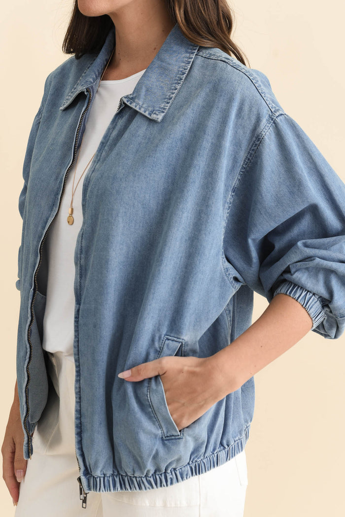 Callie Blue Denim Bomber Jacket,Brunette model,alt text|model:MJ