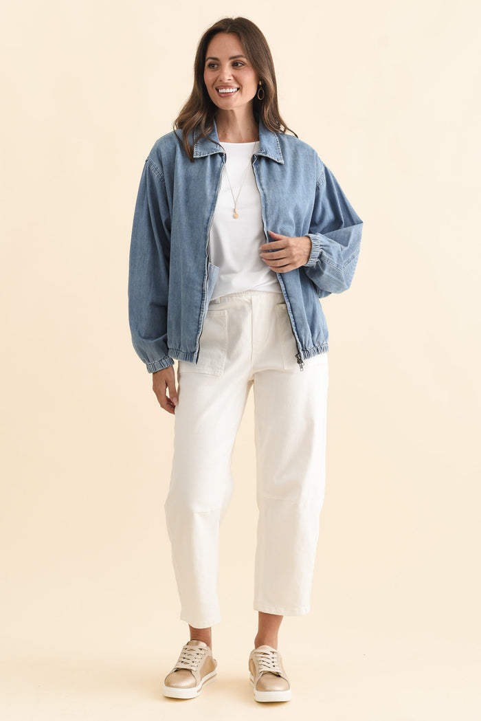 Callie Blue Denim Bomber Jacket,Brunette model,alt text|model:MJ