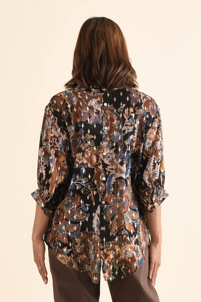 Carleen Navy Flower Foil Button Top,Back,Brunette model,alt text|model:Cara