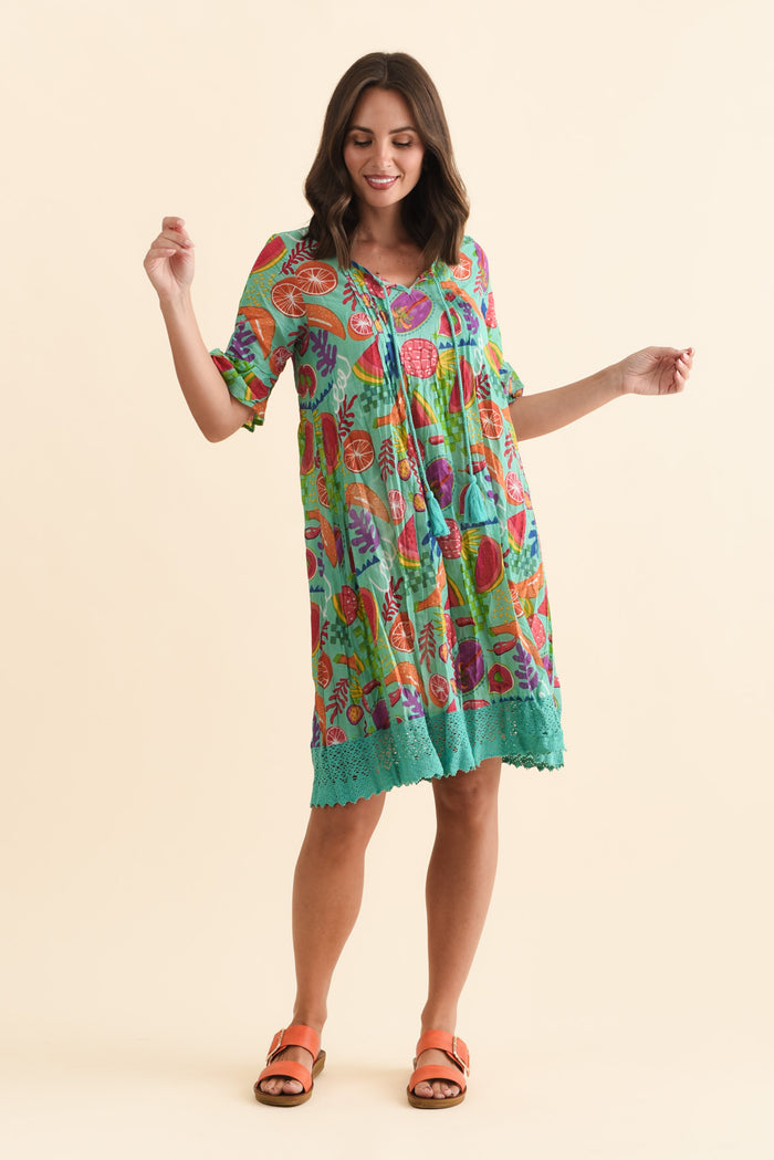 Cayman Blue Fruity Cotton Tunic Dress,Brunette model,alt text|model:MJ