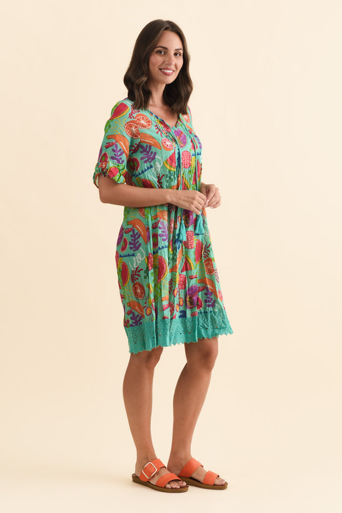 Cayman Blue Fruity Cotton Tunic Dress,Brunette model,alt text|model:MJ