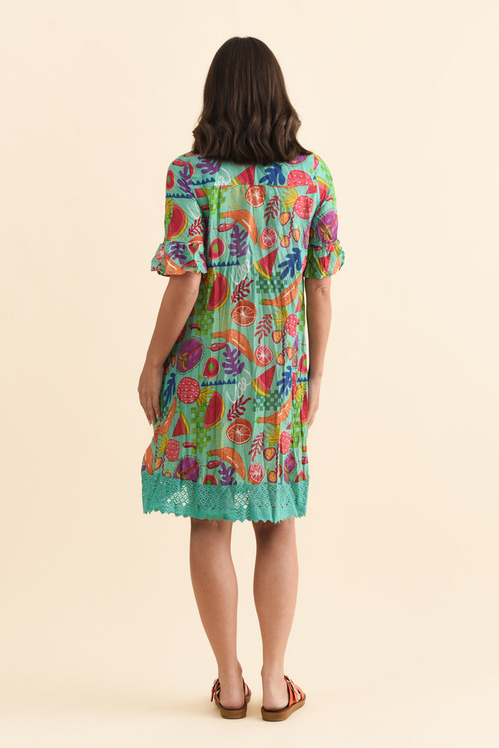 Cayman Blue Fruity Cotton Tunic Dress,Brunette model,alt text|model:MJ