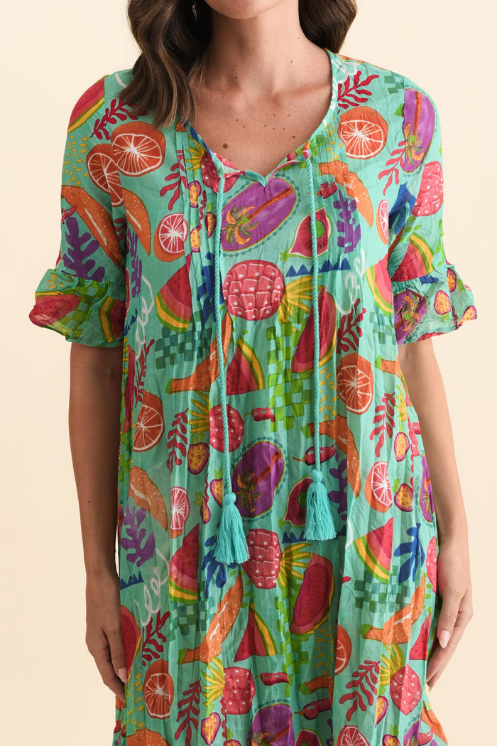 Cayman Blue Fruity Cotton Tunic Dress,Brunette model,alt text|model:MJ