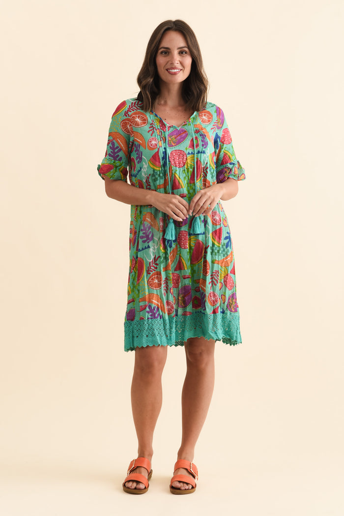 Cayman Blue Fruity Cotton Tunic Dress,Brunette model,alt text|model:MJ