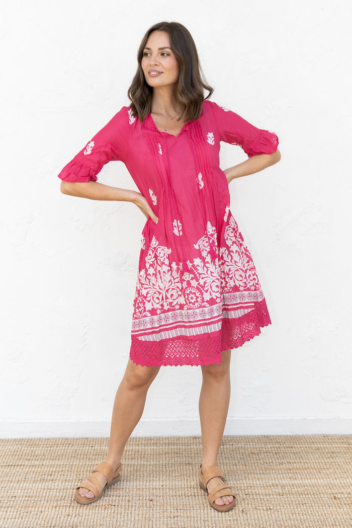 Cayman Fuchsia Abstract Cotton Tunic Dress,Lifestyle