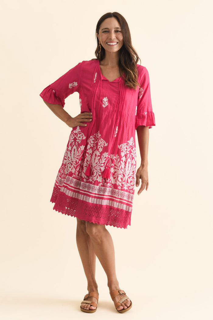 Cayman Fuchsia Abstract Cotton Tunic Dress,Brunette model,alt text|model:Cara