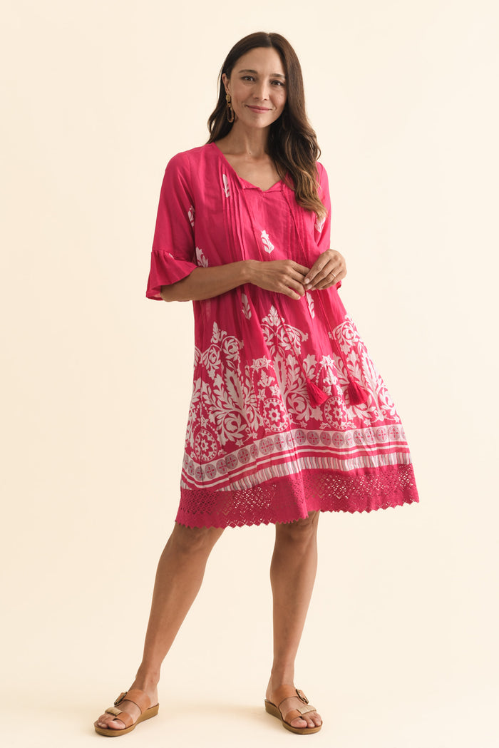Cayman Fuchsia Abstract Cotton Tunic Dress,Brunette model,alt text|model:Cara