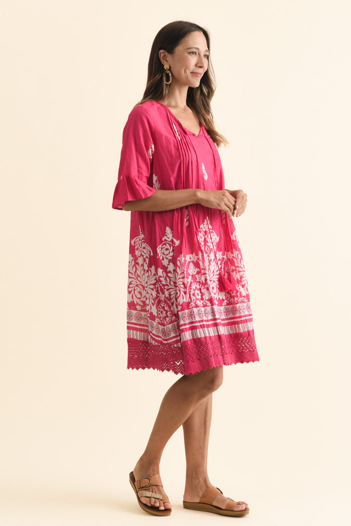 Cayman Fuchsia Abstract Cotton Tunic Dress,Brunette model,alt text|model:Cara