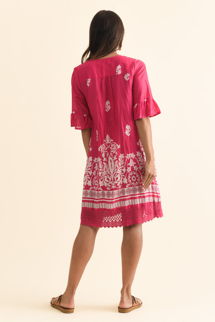 Cayman Fuchsia Abstract Cotton Tunic Dress,Brunette model,alt text|model:Cara