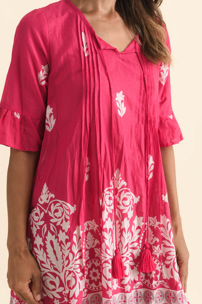 Cayman Fuchsia Abstract Cotton Tunic Dress,Brunette model,alt text|model:Cara