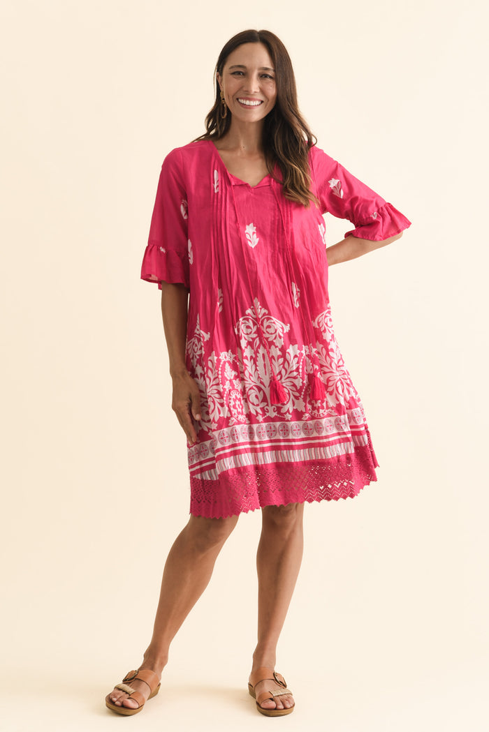 Cayman Fuchsia Abstract Cotton Tunic Dress,Brunette model,alt text|model:Cara