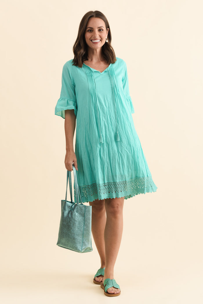 Cayman Sky Blue Cotton Tunic Dress,Brunette model,alt text|model:MJ