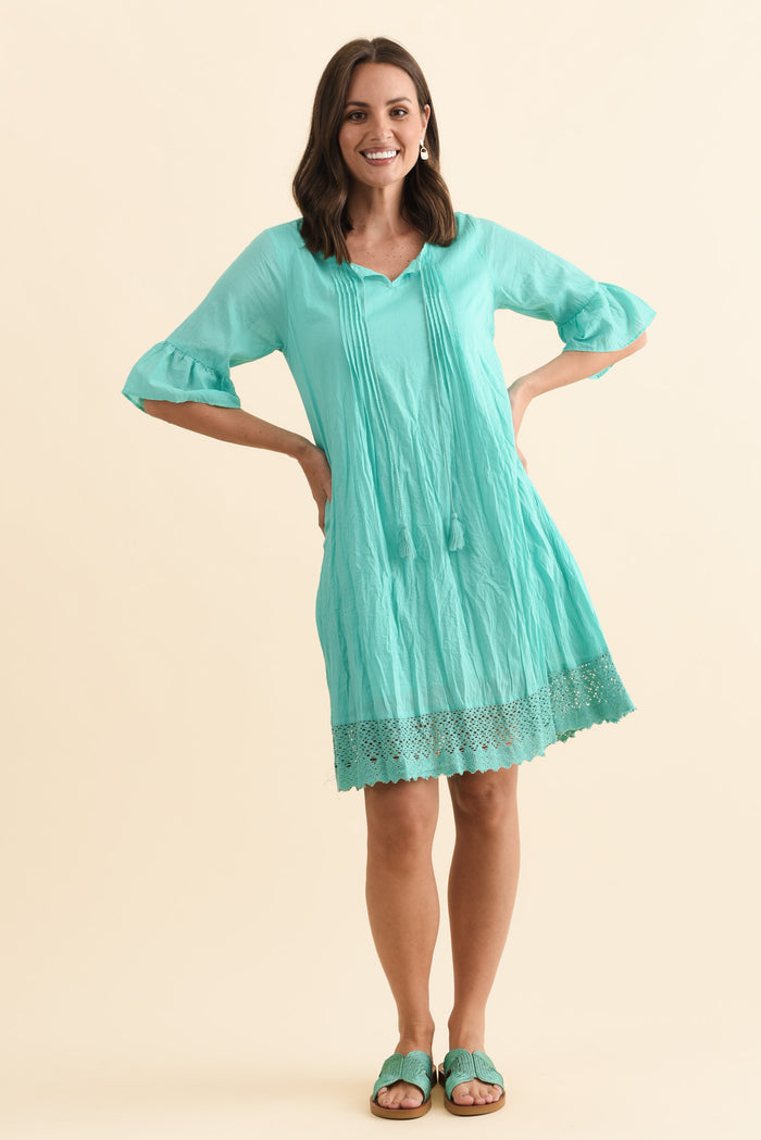Cayman Sky Blue Cotton Tunic Dress,Brunette model,alt text|model:MJ