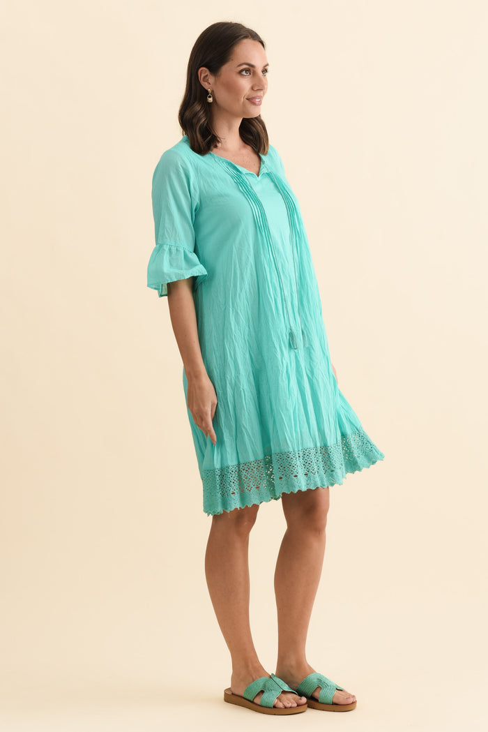Cayman Sky Blue Cotton Tunic Dress,Brunette model,alt text|model:MJ